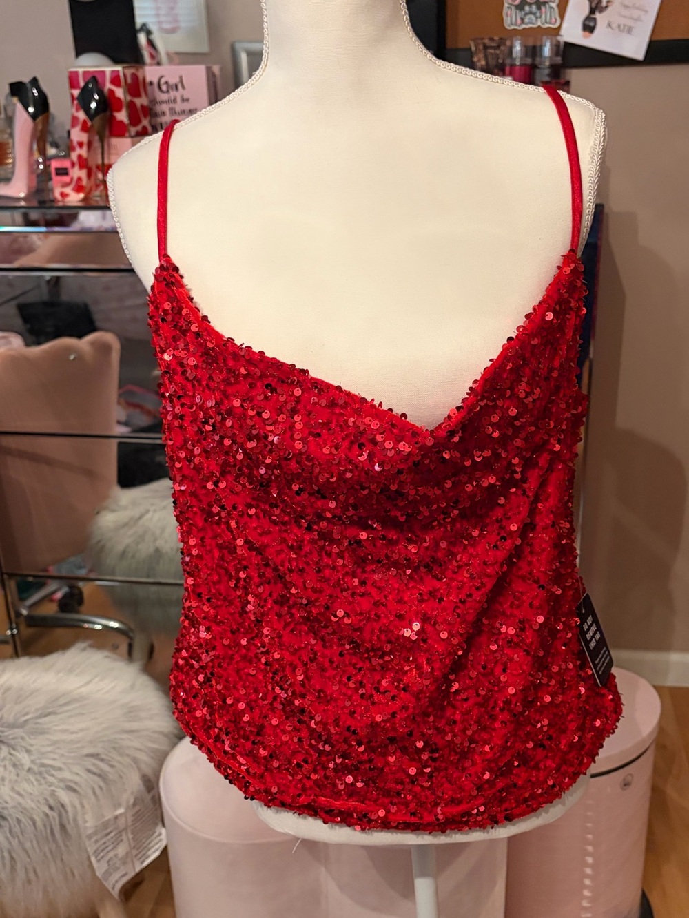 NWT Express Red Sequin Cowl Neck Tank Size L